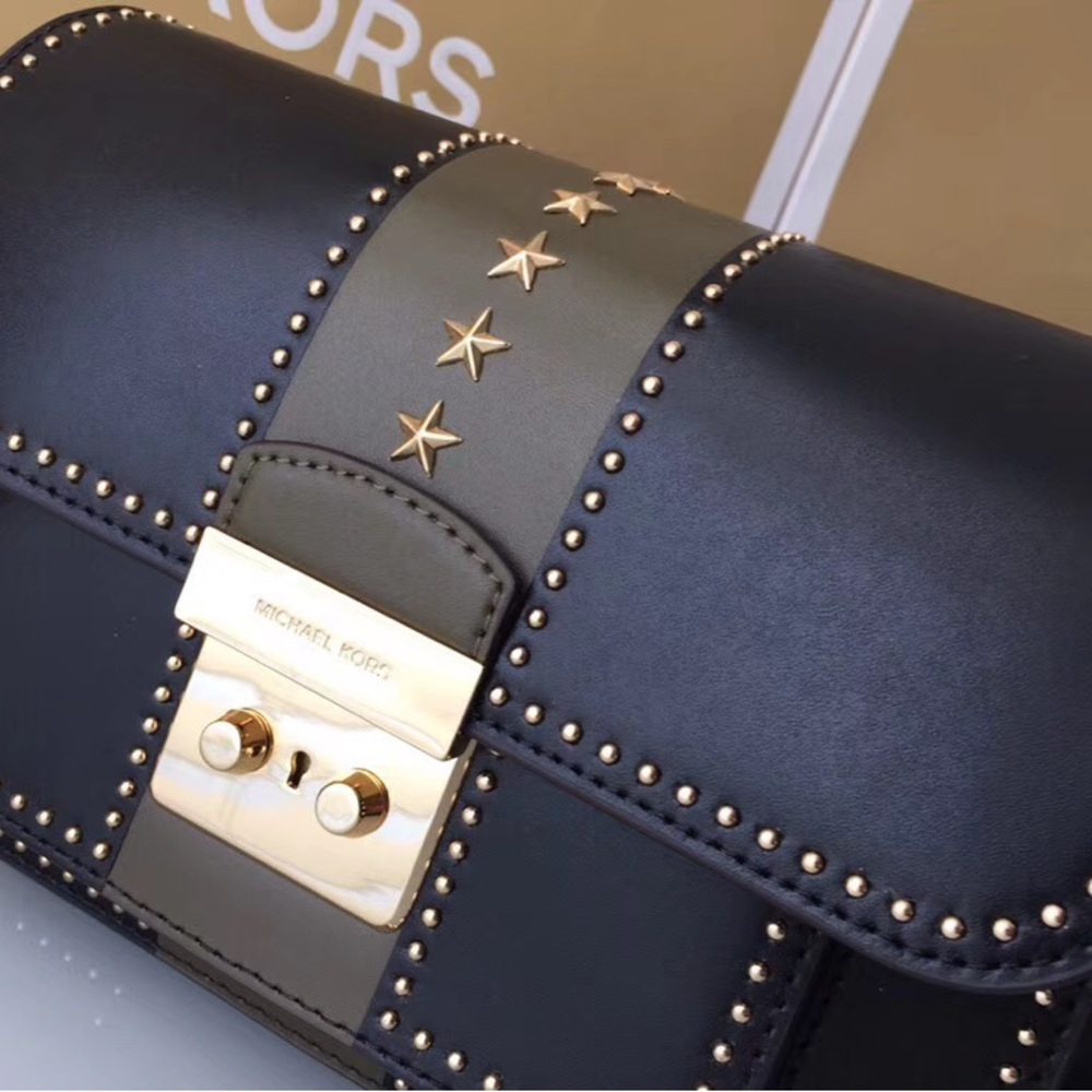 Michael Kors Black & Olive Leather Crossbody with Gold Star Studs